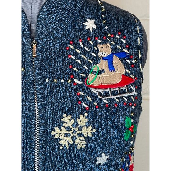 christmas sweater vest snowmen snowflakes beaded - Picture 3 of 10